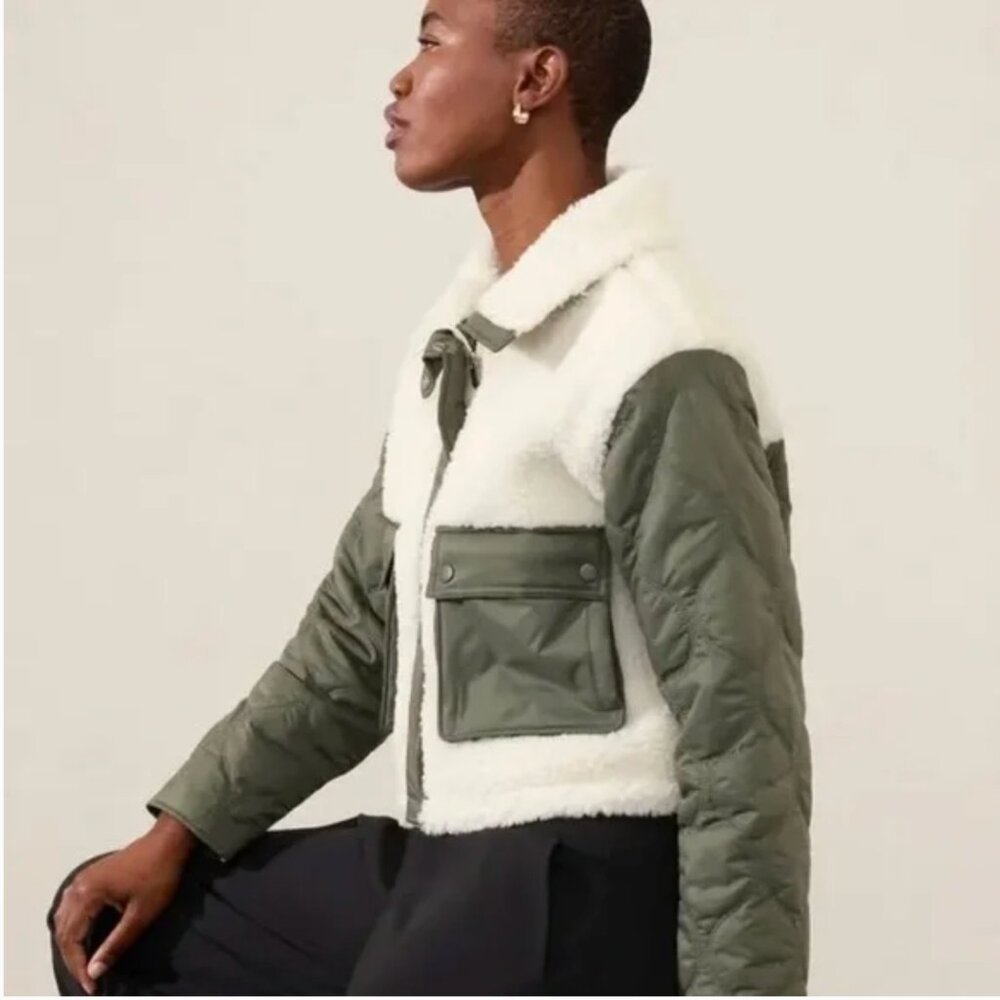 Athleta Cropped Fleece Hybrid Jacket Sage & Cream Sz L NWT